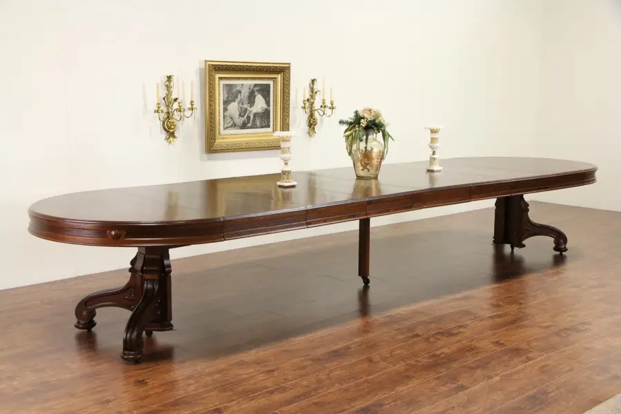 Victorian Antique 1865 Round Walnut Dining Table, 7 Leaves Extend 15'