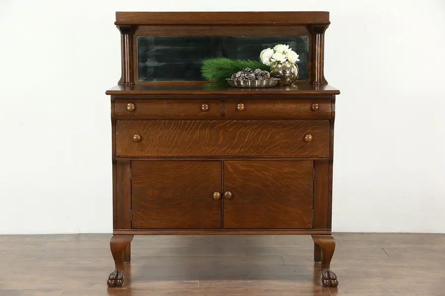 Photo of Empire 1910 Antique Oak Sideboard, Server or Buffet, Lion Paws, Beveled Mirror