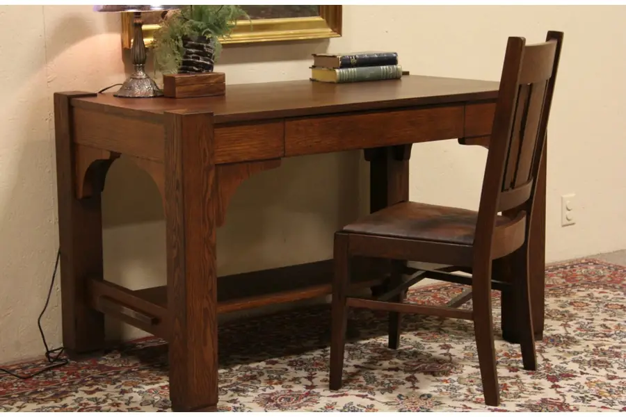 Photo of Arts & Crafts Mission Oak 1905 Antique Library Table or Writing Desk