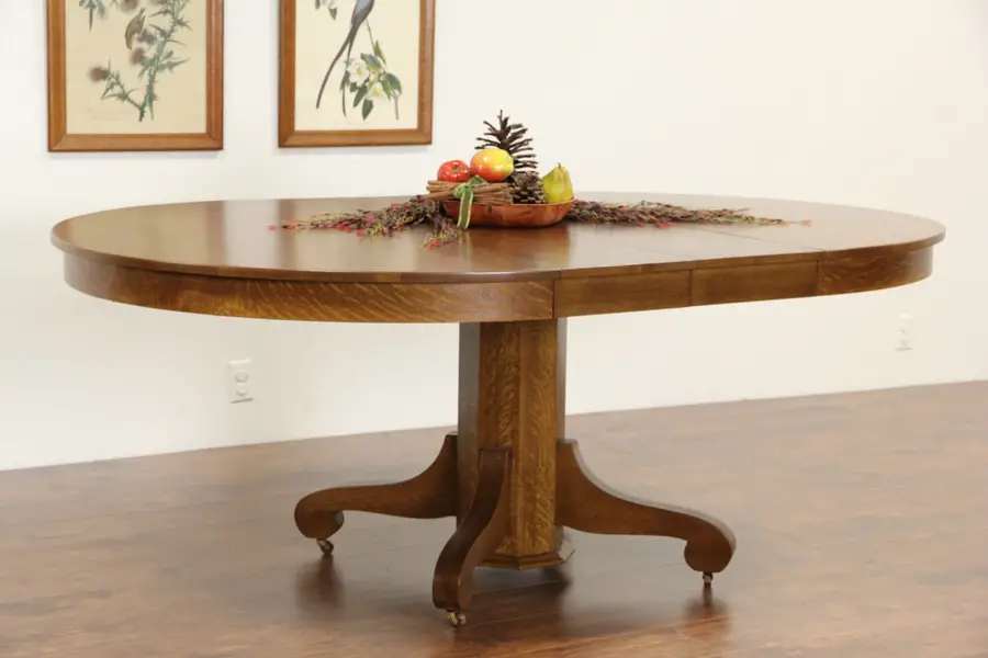 Photo of Round 54" Oak 1900 Antique Pedestal Dining Table, 2 Leaves