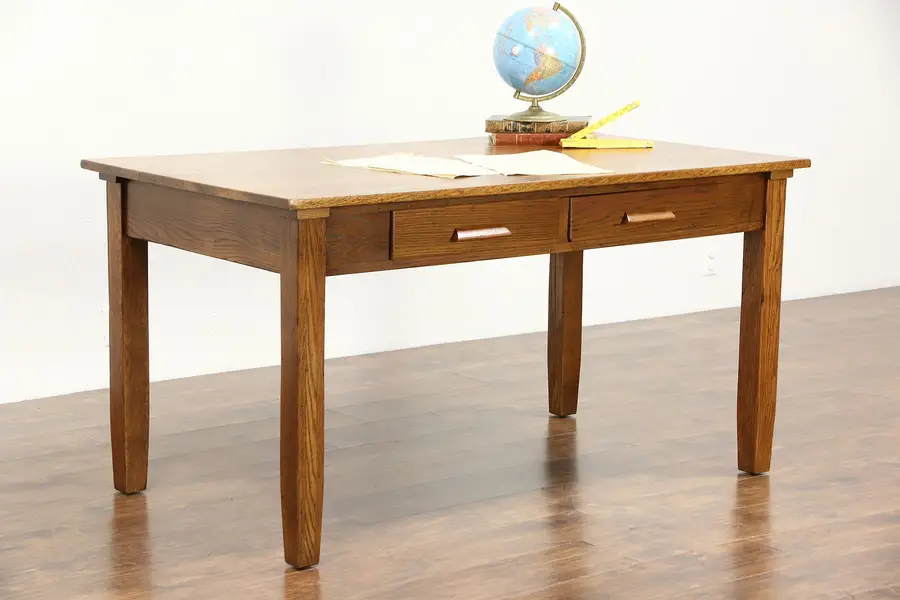 Photo of Oak 1915 Antique 5' Craftsman Library Table or Writing Desk, 2 Drawers