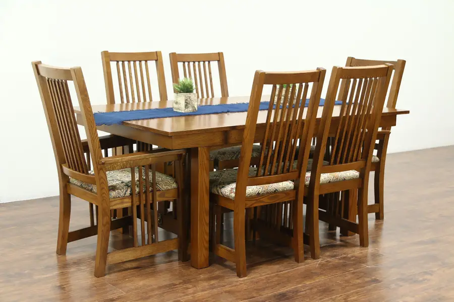 Photo of Prairie or Craftsman Vintage Oak Dining Set, Table, 2 Leaves, 6 Chairs