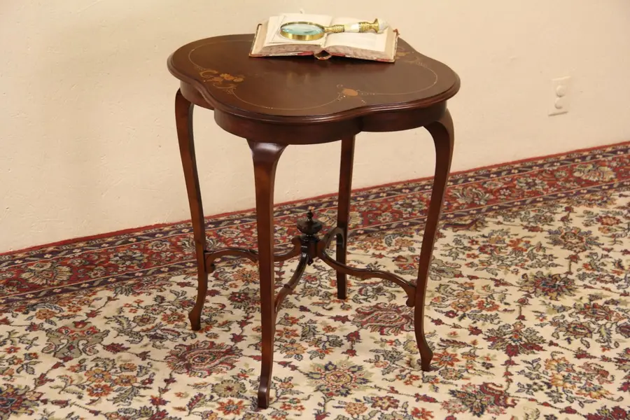 Photo of Art Nouveau 1910 Antique Clover Leaf Table, Pearl Marquetry