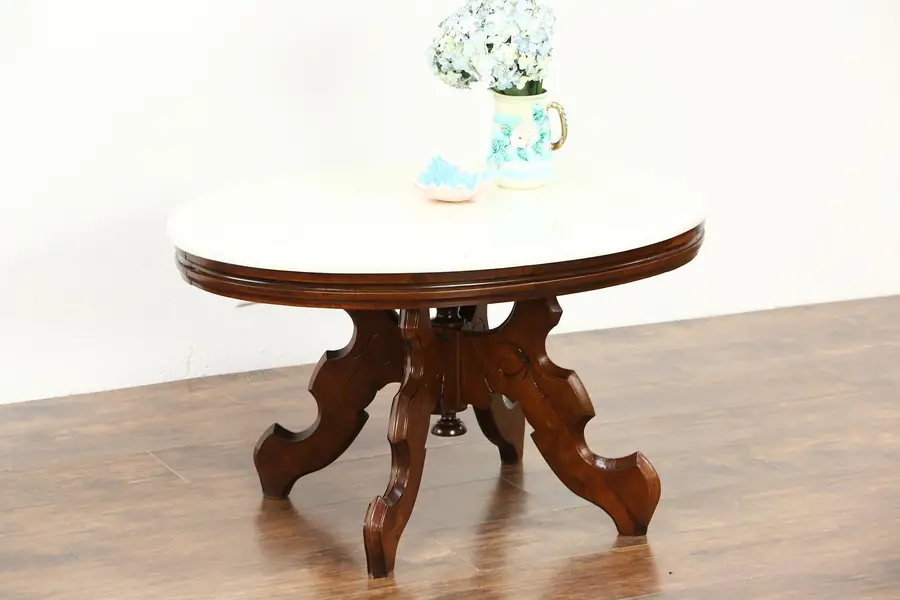 Photo of Victorian 1880's Antique Oval Marble Top Carved Walnut Coffee Table