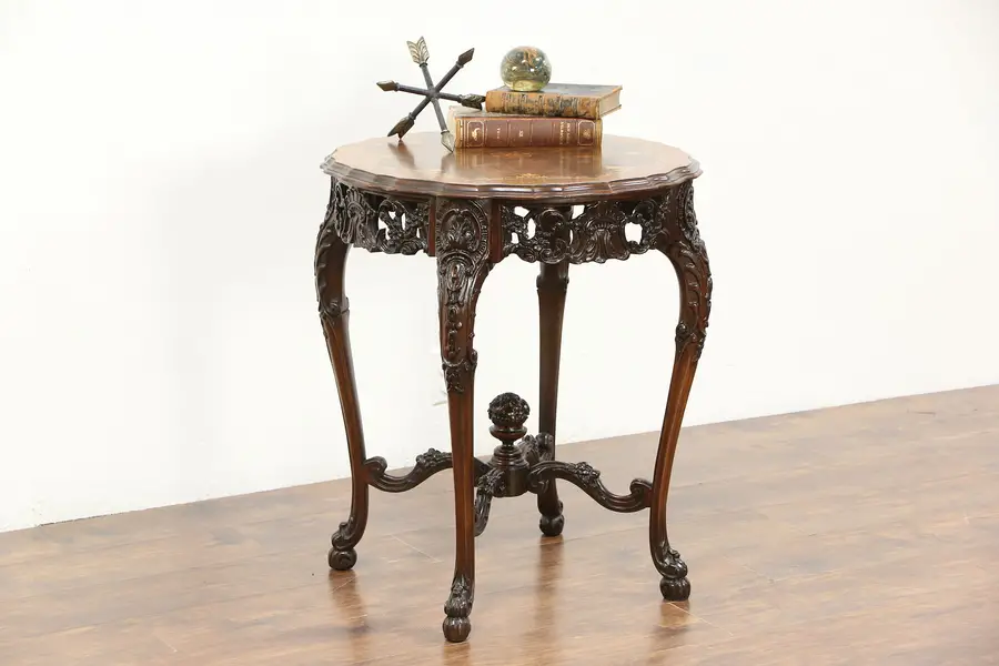 Photo of Carved Hall Center or Lamp Table, 1925 Antique with Marquetry