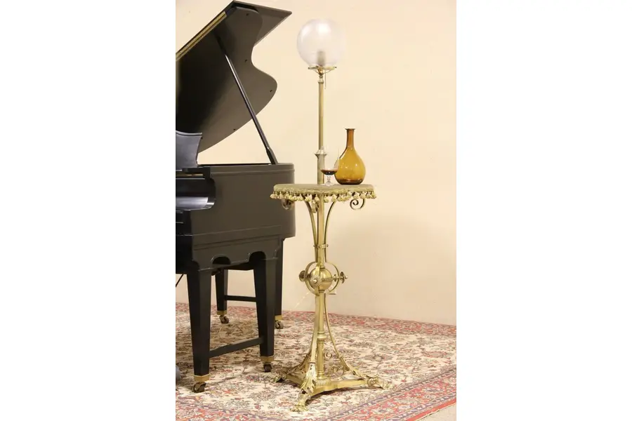 Photo of Victorian 1870 Antique Brass Adjustable Piano Lamp & Table