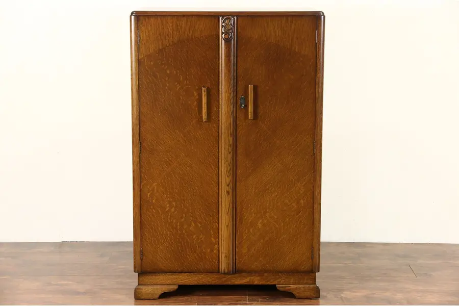 Photo of English Art Deco 1930's Oak Armoire, Wardrobe or Closet