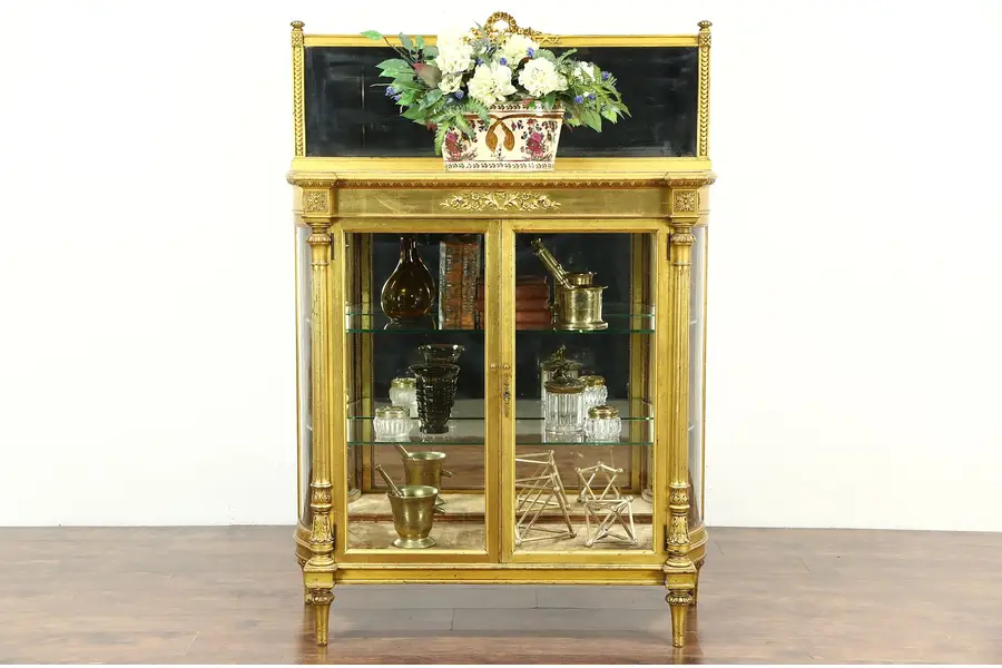 Photo of Gold Leaf 1880 Antique French Louis XIV Curved Glass Curio China Display Cabinet