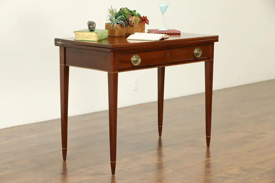 Photo of Hepplewhite Antique 1780 Banded Mahogany Console Opens to Game Table