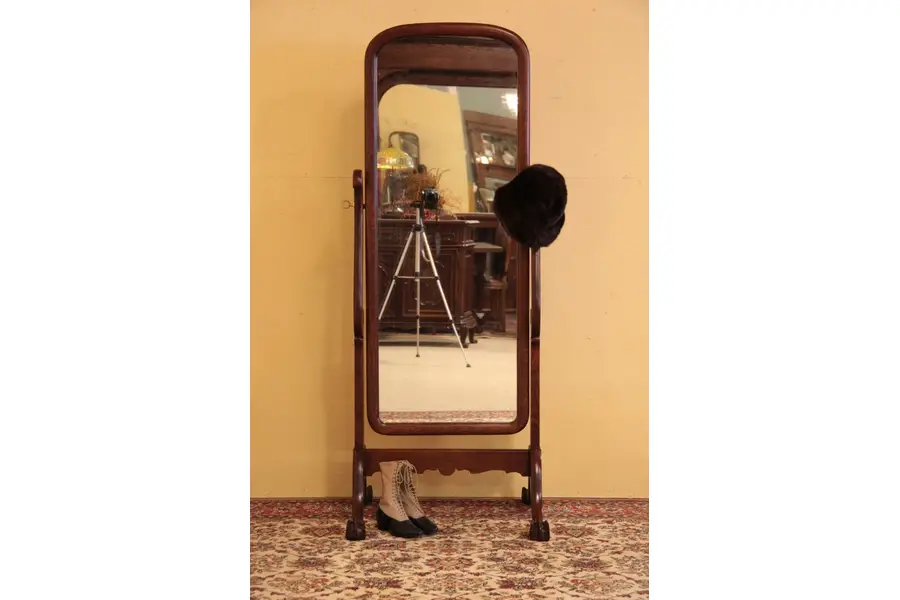 Photo of Oak Antique Cheval Dressing Mirror, Carved Clawfeet