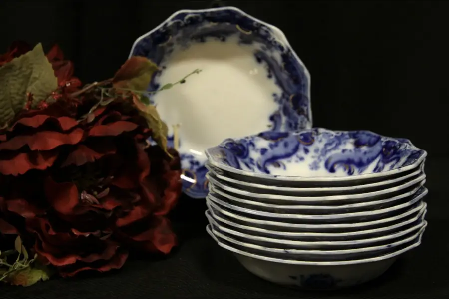 Photo of Flow Blue Set of Eleven Berry Bowls - Argyle Pattern by Grindley