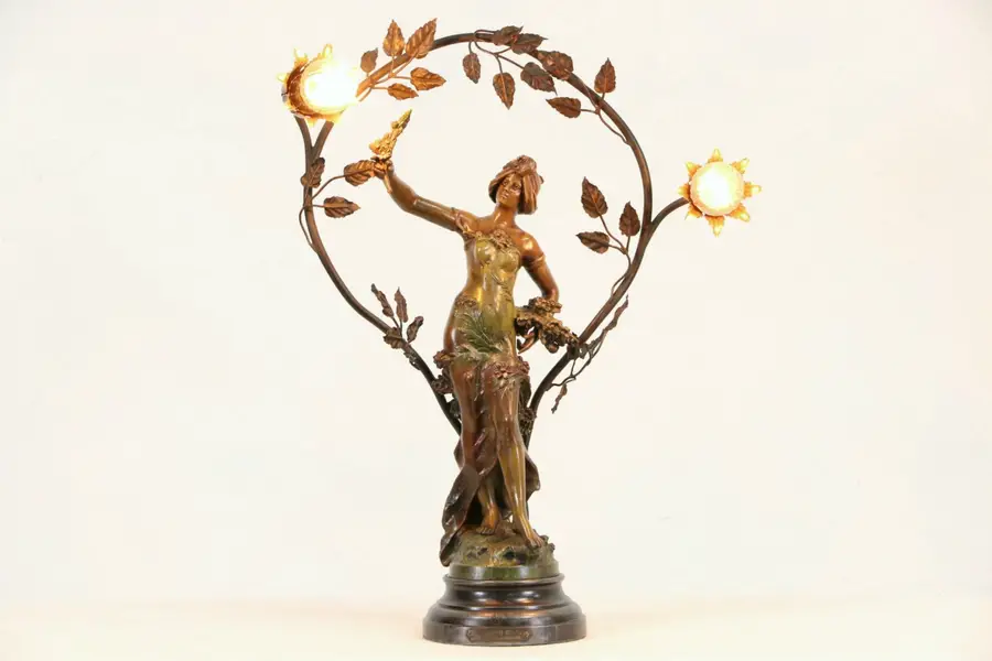 Photo of Moreau Signed Art Nouveau 1900 Antique Statue Lamp, Flowers of Spring
