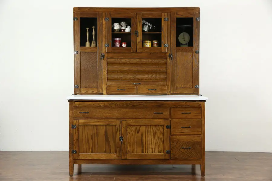 Photo of Hoosier Oak Kitchen Pantry Cupboard, Roll Top, 1915 Antique Cabinet, Enamel Top