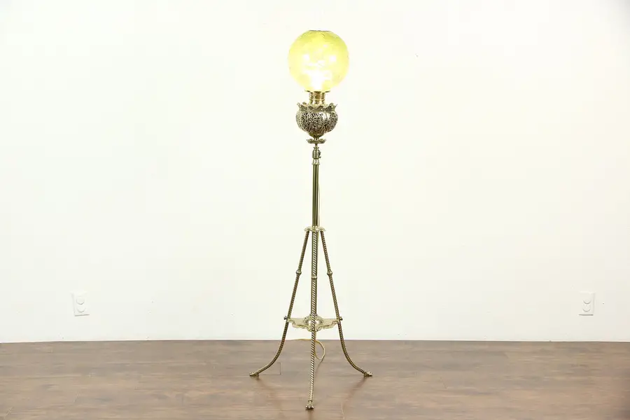 Photo of Victorian 1880 Antique Brass Angels Piano or Organ Lamp, Pomona Vaseline Shade