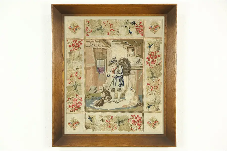 Photo of Petit Point Courtyard Scene, Handstitchery late 1800's, Oak Frame