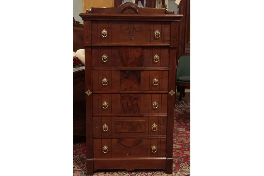 Photo of Eastlake Victorian Sidelock Walnut Tall Chest, 1885