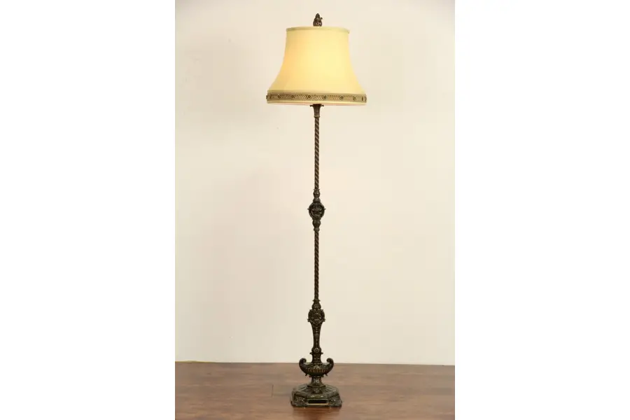 Photo of Floor Lamp, Brass & Iron 1920 Antique, Rewired, Custom Shade