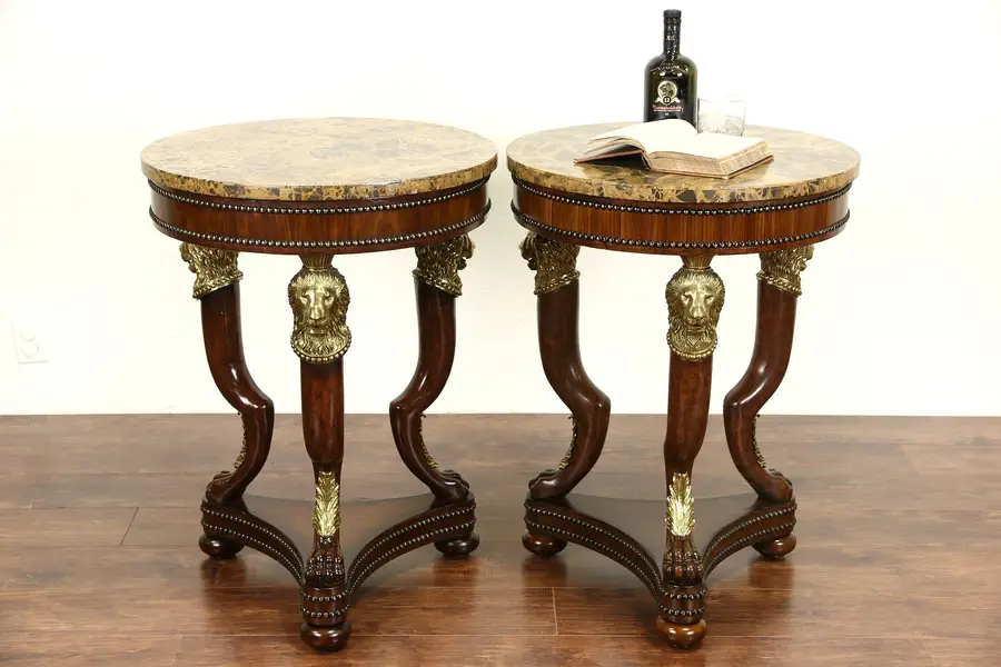 Photo of Pair of Maitland Smith Signed Marble Top Lamp Tables, Brass Lion Heads