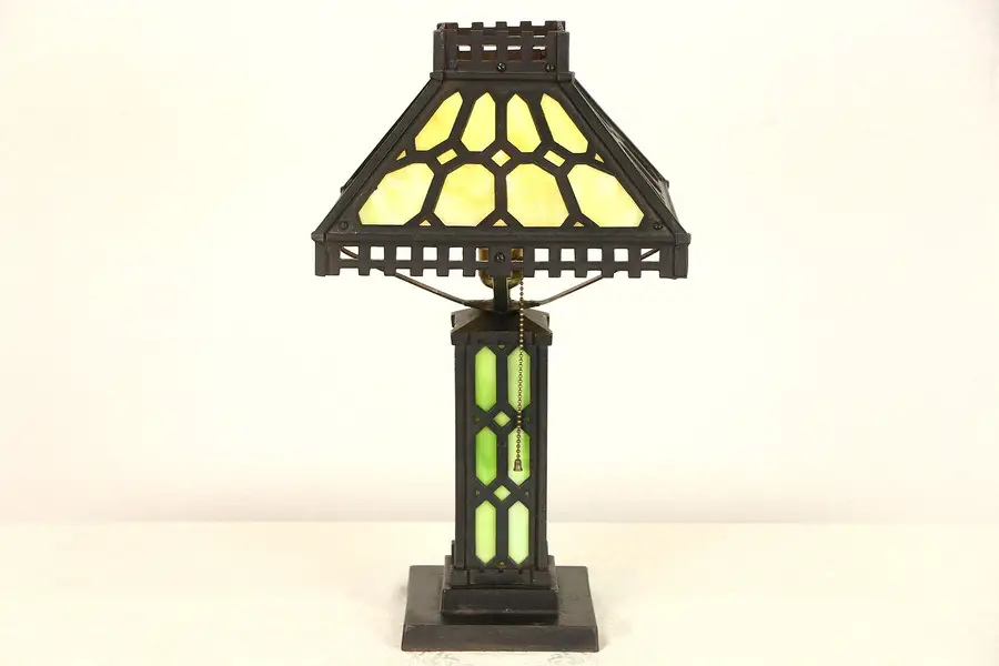 Photo of Arts & Crafts Mission Period 1905 Antique Iron Lamp, Stained Glass