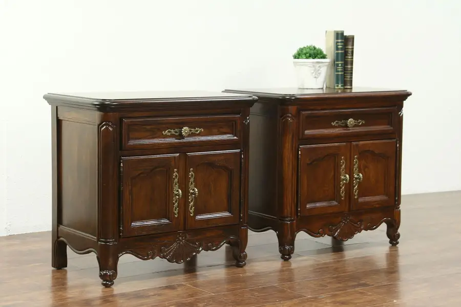 Photo of Country French Vintage Oak Pair Nightstands or End Tables, signed Hickory