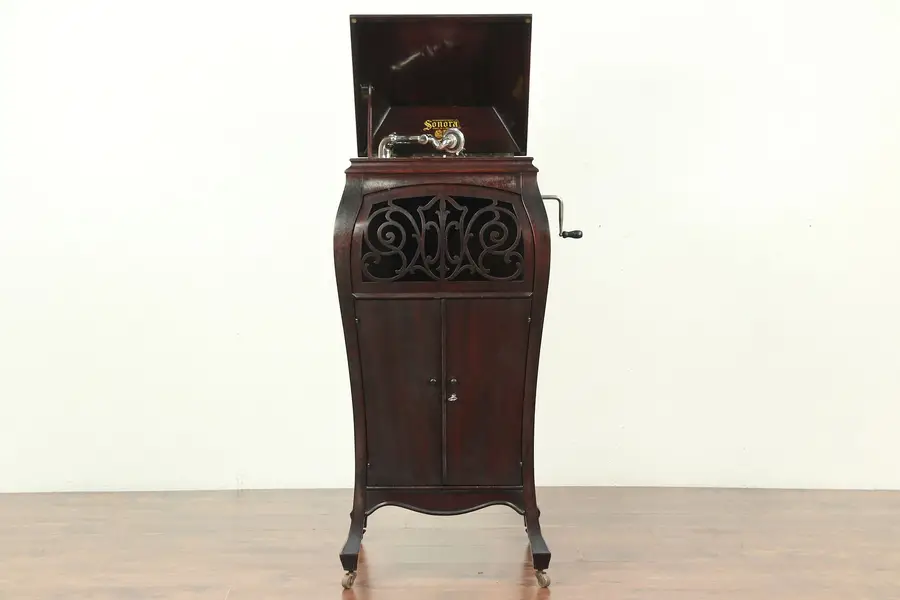 Photo of Sonora Signed Antique Mahogany Phonograph, Wind Up Player & Records
