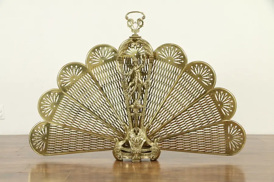 Photo of Peacock Fan & Dancer Brass Vintage Folding Fireplace Screen