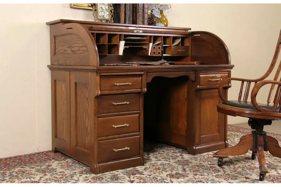 Photo of Andrews Chicago Antique 1910 Oak Roll Top Desk, Rotary File