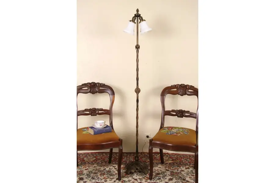 Photo of Art Deco 1925 Antique Cast Iron Floor Lamp, Satin Glass Shades