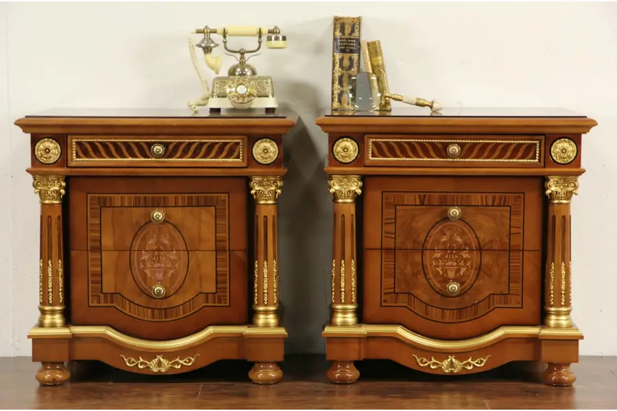 Photo of Pair of Marquetry Nightstands, End Tables or Small Chests, Gold Mounts