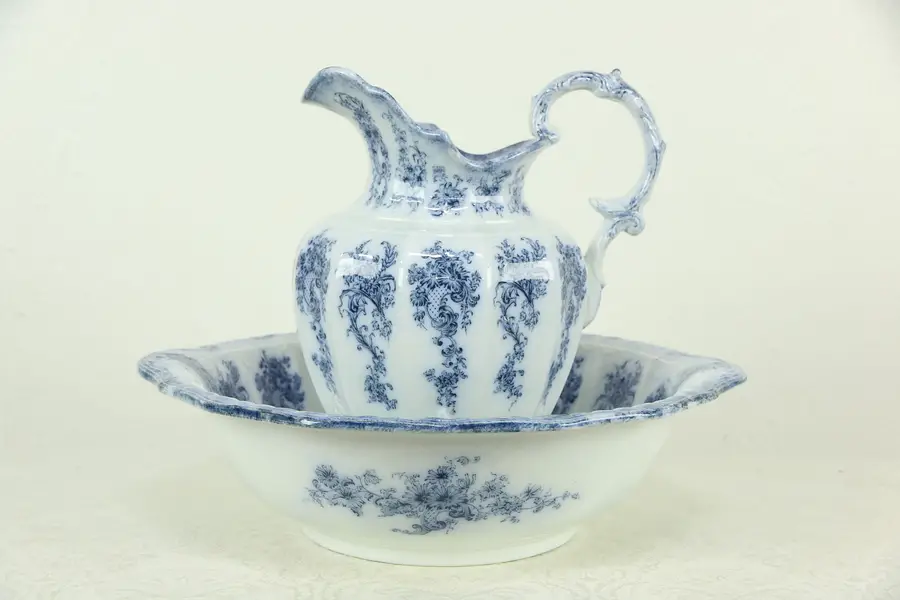 Photo of Flow Blue Antique Bowl & Pitcher Set, Signed Athena by Grindley, England