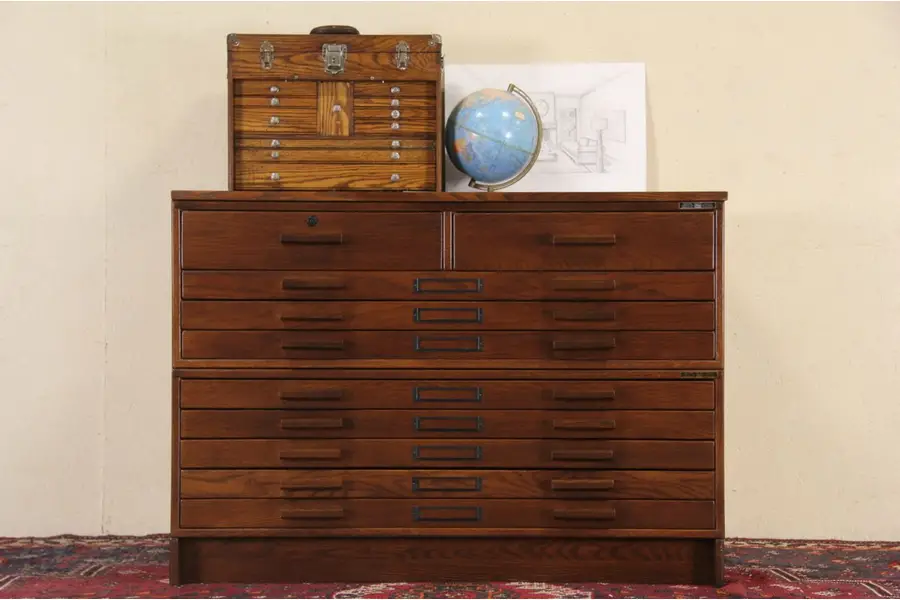 Photo of Oak Vintage Map Chest, Drawing or Document File Cabinet