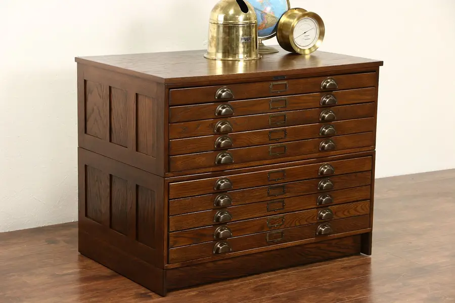Photo of Oak 10 Drawer Vintage Map Chest, Architect or Artist File, 2 Stack