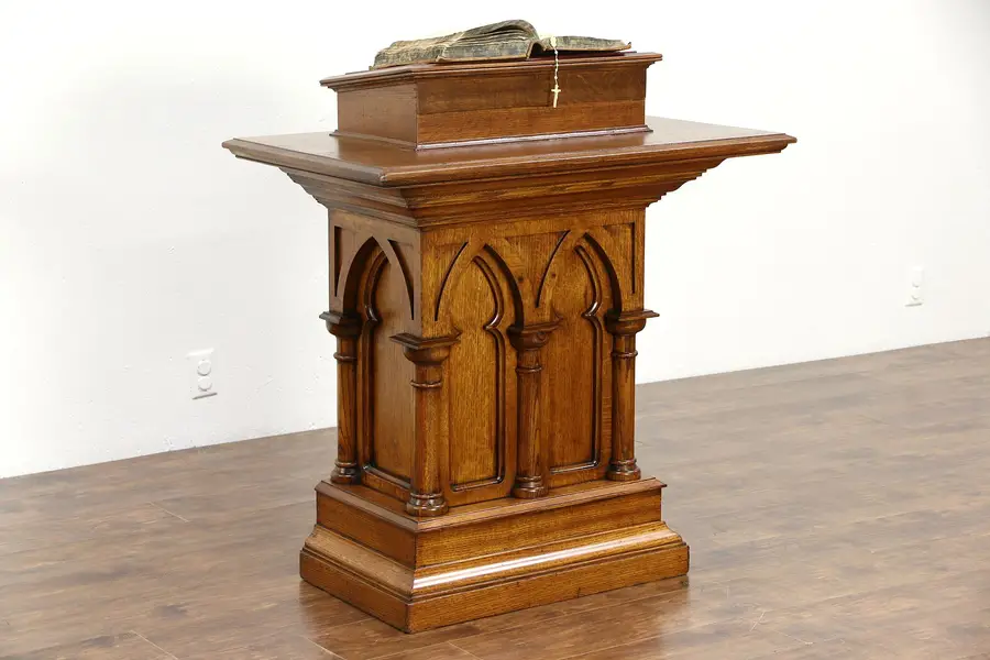 Photo of Oak Antique Gothic Carved Wall Bible Stand, Reverses to Lectern or Podium