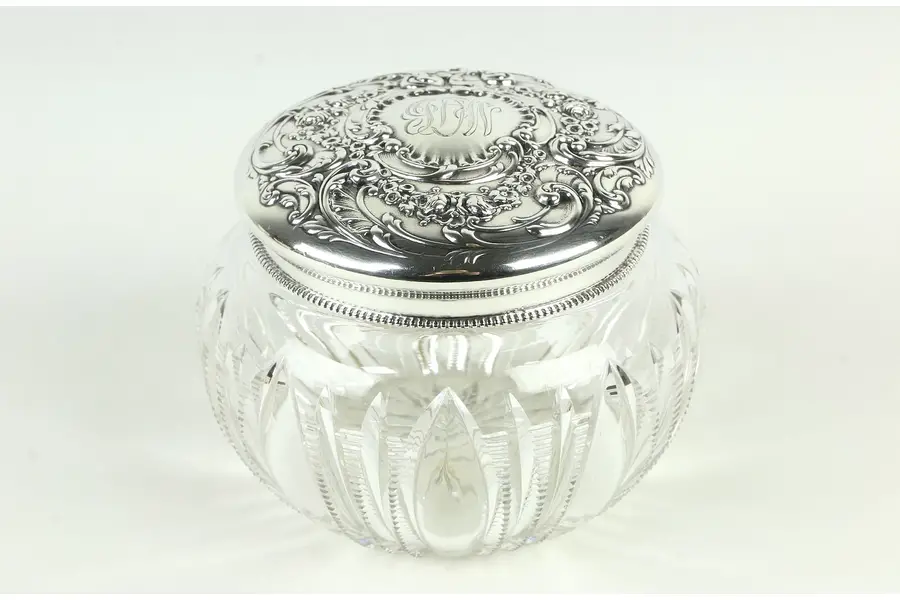Photo of Sterling Silver & Cut Glass 1900 Antique Boudoir Powder Jar