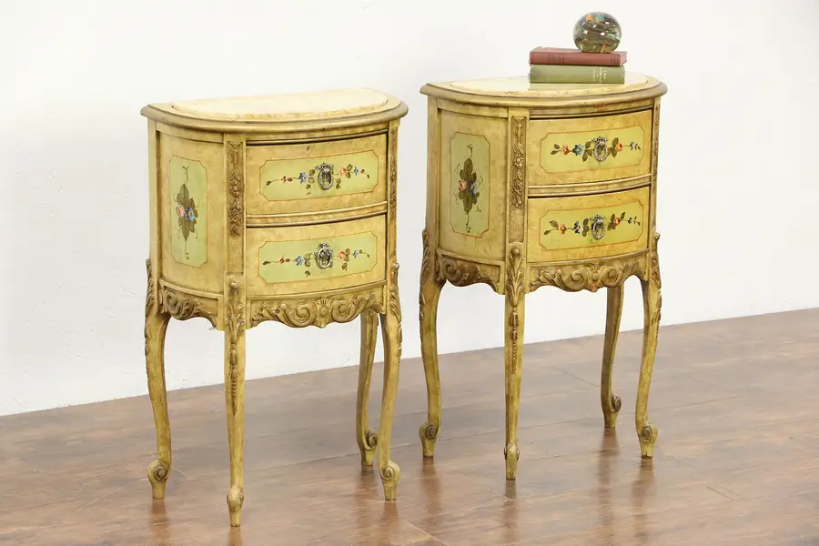 Photo of Pair of Marble Top 1930's Vintage Hand-Painted Nightstands or End Tables
