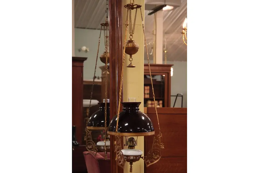 Photo of Victorian Hanging Oil Lamp, Cased Ruby Opal Shade