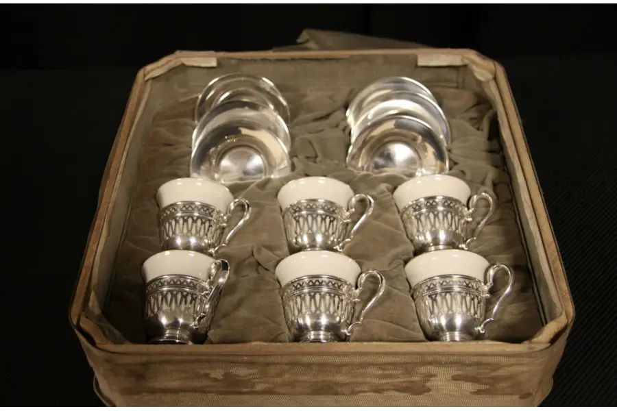 Photo of Set of 6 Sterling Silver Coffee Espresso Cups & Saucers, Lenox Liners