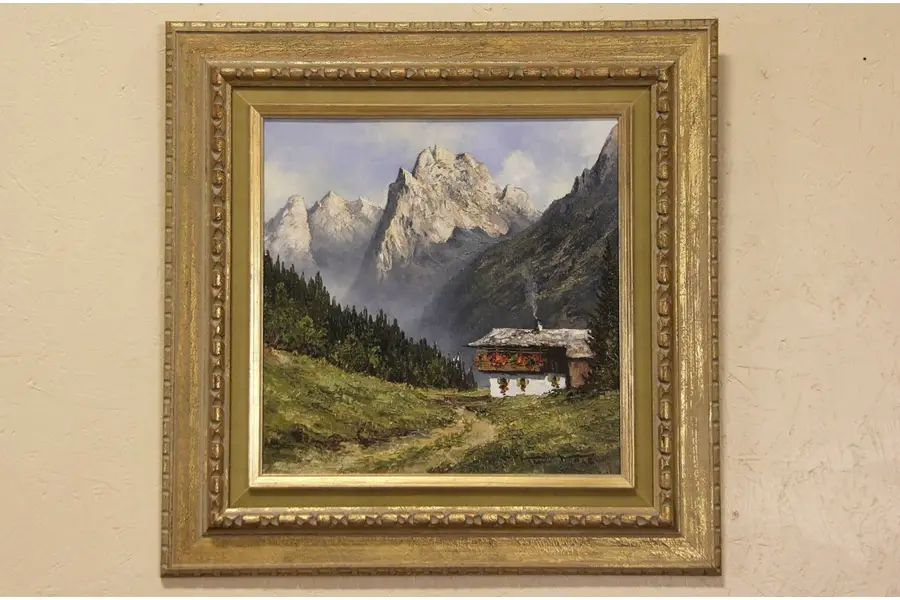 Photo of Alpine Mountain & Chalet Signed Kurt Moser 1970's Original Oil Painting