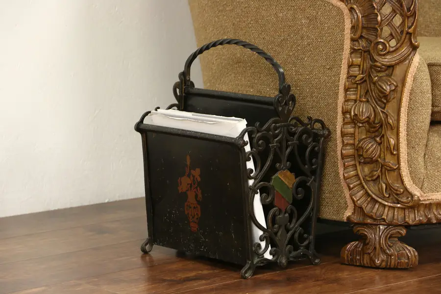 Photo of Magazine Rack or 1910 Antique Iron Hand Painted Music Caddy