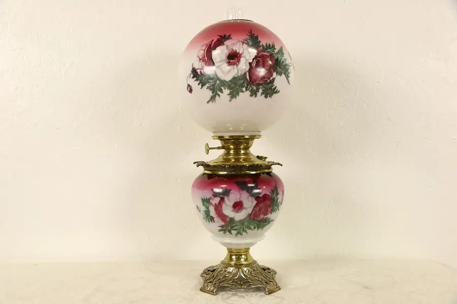 Photo of Gone with the Wind 1890's Antique Kerosene Lamp, Painted Shade, Signed Success