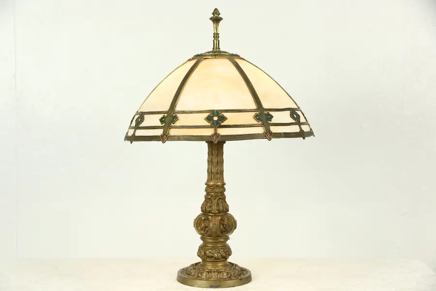 Photo of Stained Glass Curved Panel Shade Antique 1920 Lamp Signed Best of Chicago
