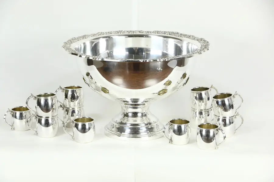 Photo of Rogers Signed Vintage Silverplate Footed Punch Bowl Set, 12 Cups