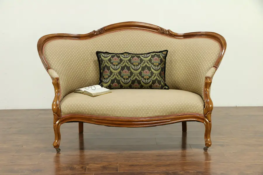 Photo of Victorian 1860's Antique Loveseat, Finger Carved Walnut