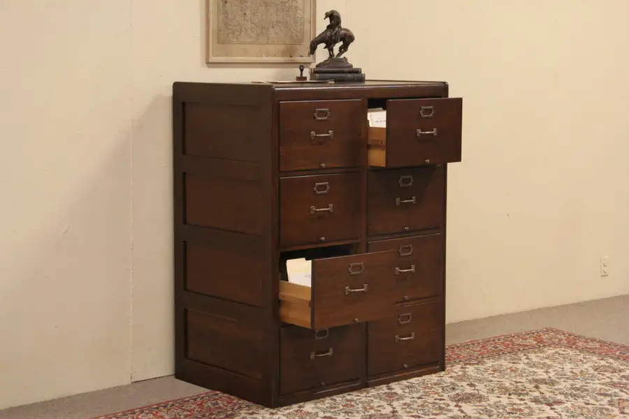 Photo of Double 8 Drawer Paneled Oak 1940's File Cabinet
