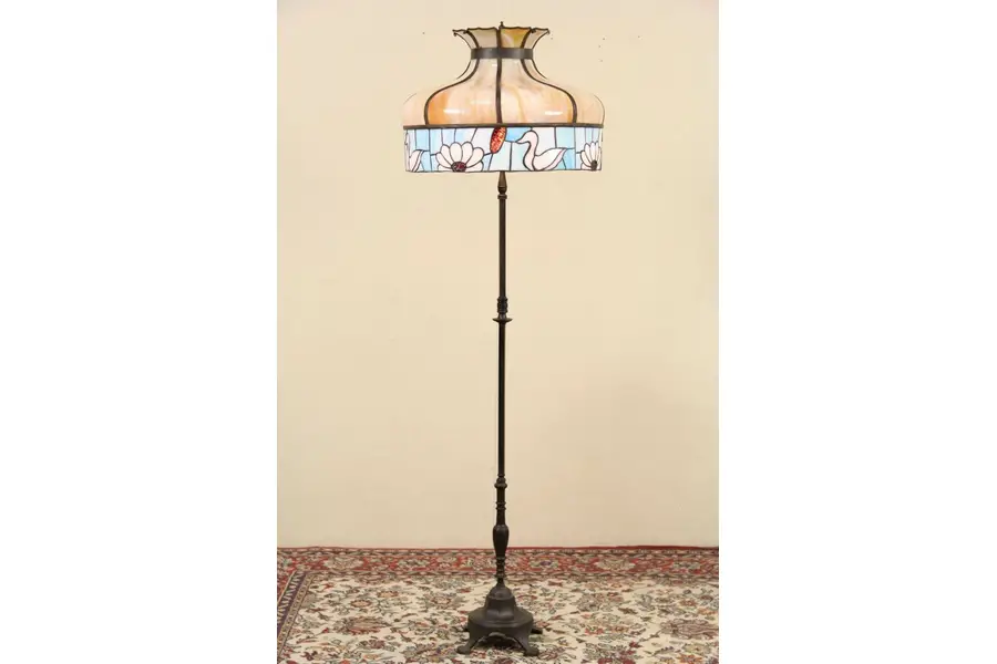 Photo of Floor Lamp, 1915 Antique Stained Leaded Glass Ducks Shade