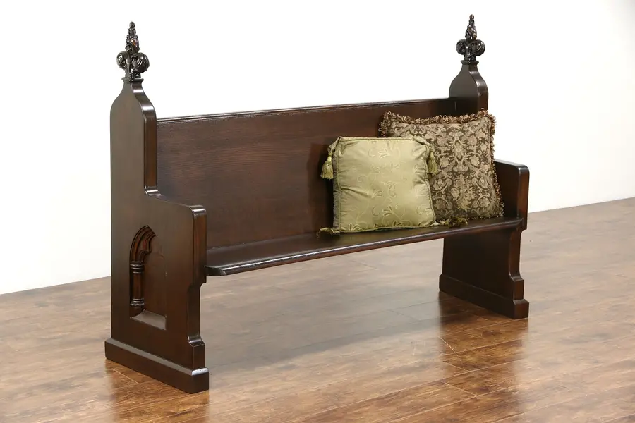 Photo of Victorian Carved Oak 1870 Antique 66" Pew or Hall Bench