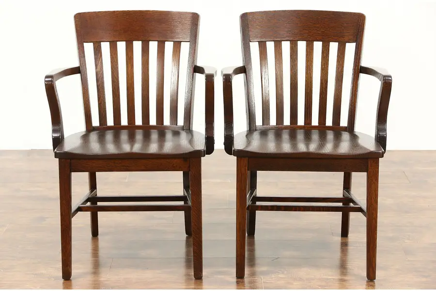 Photo of Pair of Antique 1910 Banker, Office or Library Chairs, Quartersawn Oak