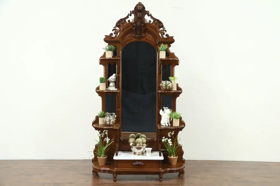 Photo of Victorian 1860 Antique Hand Carved Walnut Etagere or What Not, Marble