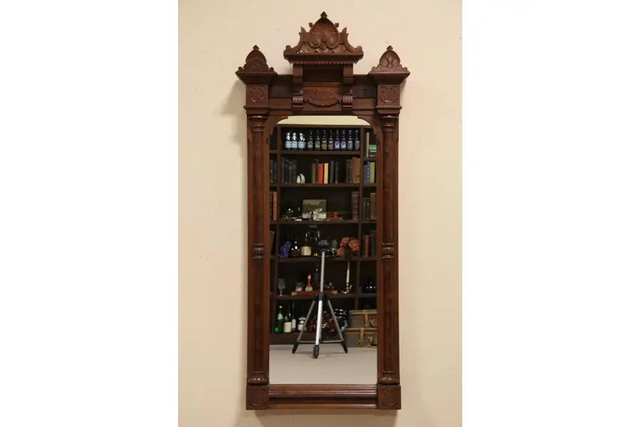 Photo of Victorian Carved Walnut 1880 Antique Hall Mirror