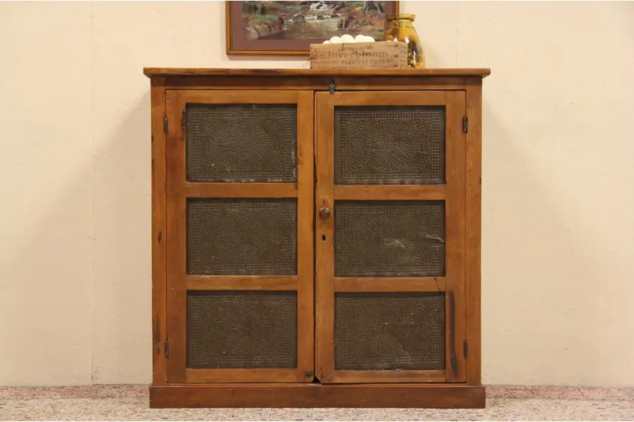 Photo of Country Pine 1880's Antique Pie Safe Cupboard, Punched Tin